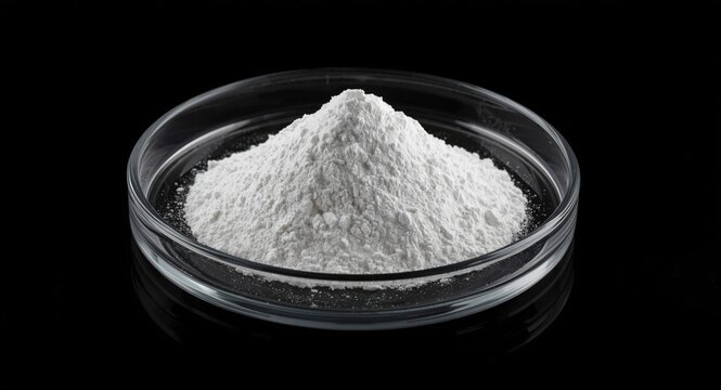 White sodium hydroxide powder sample contained in glass plate with black background