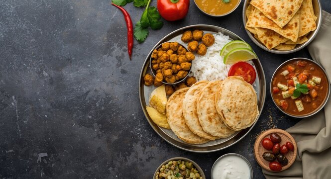 South Asian delicacies including spicy chickpea masala and kadala curry with rice pancakes and hoppers from Indian and Sri Lankan cuisine