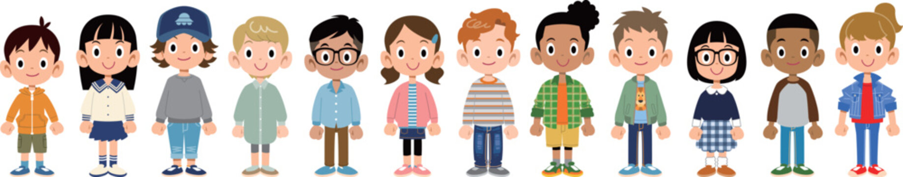 横一列に並ぶ様々な人種、様々な国の子供たち12人