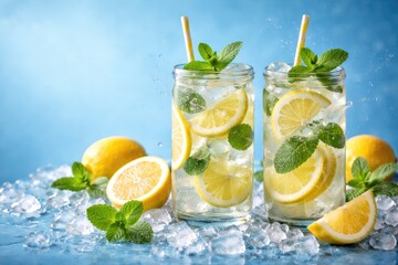 Fototapeta premium Refreshing Lemonade Drinks with Lemon Slices and Mint on Ice Against Blue Background
