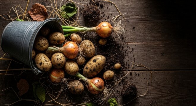 Freshly harvested potatoes in a bucket.