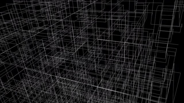 Intricate white wireframe grid on a black screen, represents digital architecture and technical structural analysis. Perfect for FUI elements and architectural visualization overlays.