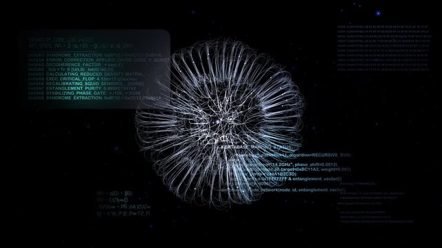 A glowing, spherical neural network surrounded by floating code and mathematical equations. Designed for themes of machine learning and advanced software engineering.