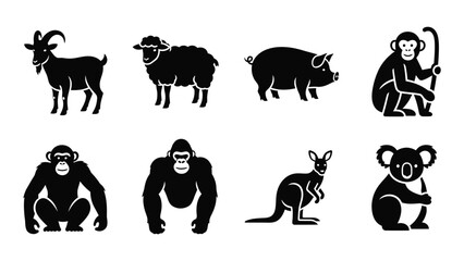 A collection of eight black animal silhouettes including a goat sheep pig monkey gorilla kangaroo and koala silhouette high quality professional © SILHUETTECHEMBER