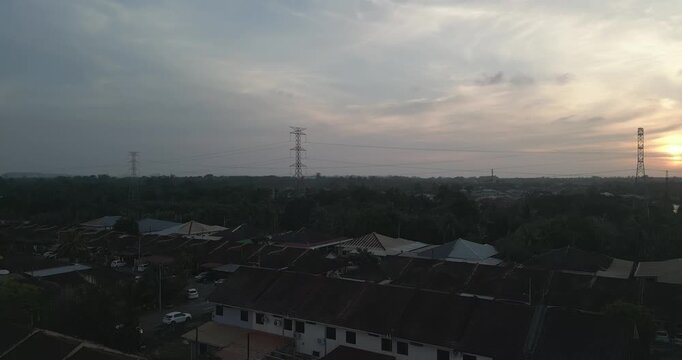 Beautiful Sunset Aerial Drone View At Miri Pujut Sarawak,Golden Hours During Evening Summer With View Of River And Green Trees