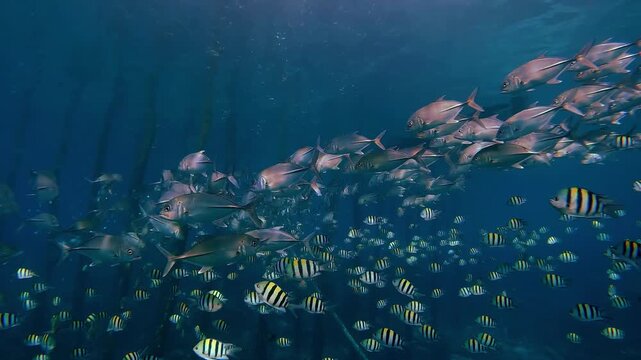 Jackfish and sergeant major fish school together under a wooden pier