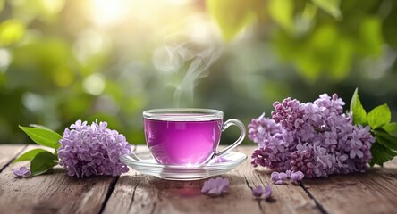 Springtime tea recipe scene with lilac blooms and cup of purple tea copy space