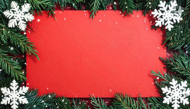 Festlicher Weihnachtshintergrund mit roter Mitte, umrahmt von Tannenzweigen und Schneeflocken, ideal f&uuml;r Gru&szlig;karten und Botschaften.