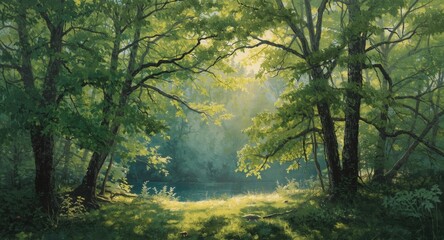 Fototapeta premium Vertical oil artwork depicting a tranquil forest scene with sunlight piercing dense green trees
