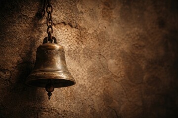Fototapeta premium Antique bell hanging from rustic metal chain on wall with copy space