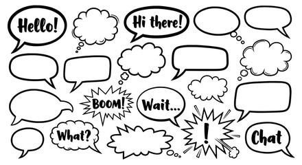 Speech bubbles comic book style with various shapes and words featuring chat, conversation, dialogue with text and hello elements for hi there, boom © BundleNinja