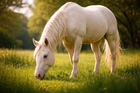 Happy cremello horse grazing on lush green grass meadow