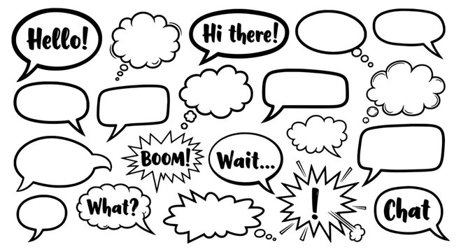 Speech bubbles comic book style with various shapes and words featuring chat, conversation, dialogue with text and hello elements for hi there, boom