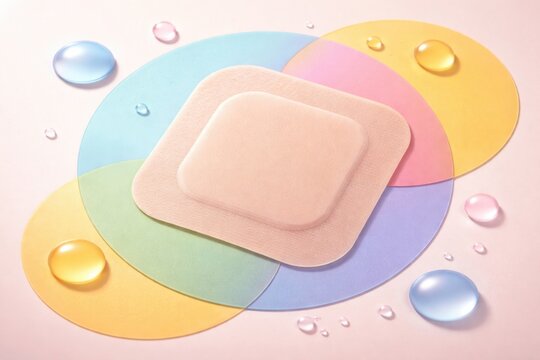Contraceptive patch on a smooth pastel backdrop with vibrant circles emphasizing birth control and health care