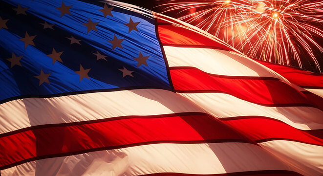 Spectacular usa 4 july fireworks display with american flag celebrating independence day in the usa