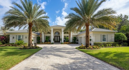 Obraz premium Majestic palms and white columns enhance the front yard of a spacious house with a wide driveway and garage