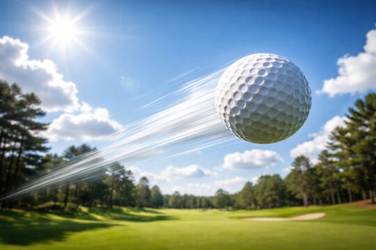 A golf ball soaring rapidly through the sky on a sunny day