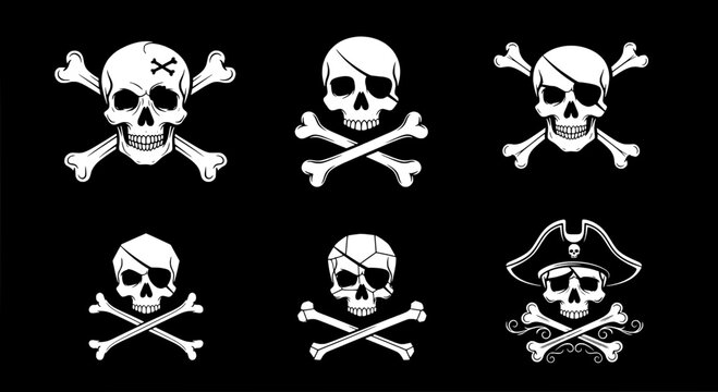Skulls pirate symbol set with crossed bones and bandanas on black background featuring skull and crossbones, white icons, danger symbols with warning