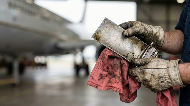 Close-up of a skilled mechanic's gloved hands cleaning an oily metal aircraft component with a dirty rag, symbolizing essential aviation maintenance and reliability.