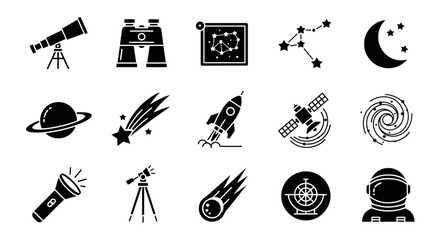 A 3x5 grid of black silhouette icons related to astronomy and space exploration © Julian Vance