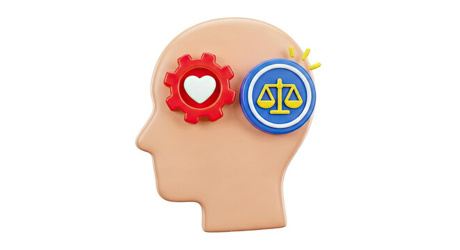 3D Head Silhouette with Heart Gear and Scales of Justice