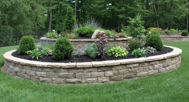 Stone walls used as garden edgings to improve outdoor landscape aesthetics
