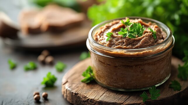Glass jar of pate on dark wooden background