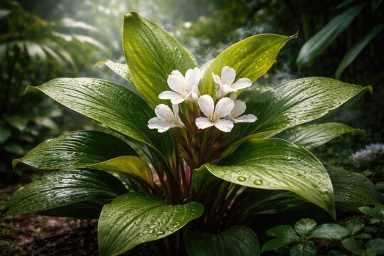 Fragrant Kaempferia Galanga Plant with White Flowers in Lush Garden Background