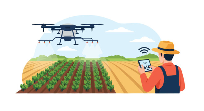 Vector illustration of a farmer using a digital tablet to control an agricultural hexacopter drone spraying liquid over rows of green crops in a rural farm field setting.
