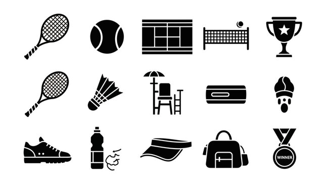 Black icons representing tennis and badminton equipment awards and apparel