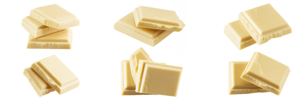 White chocolate bars and pieces on white background chocolate pieces isolated