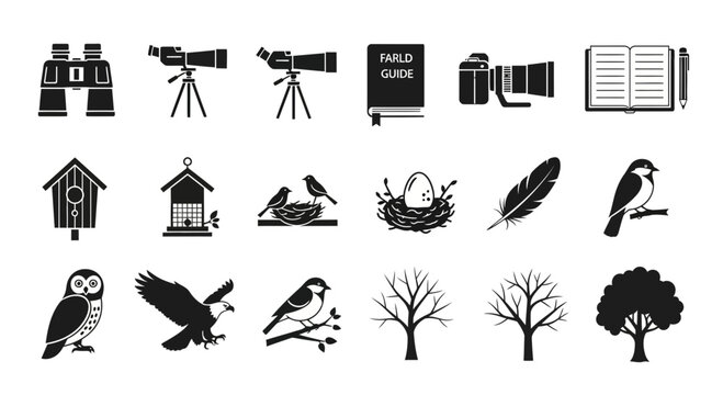 Black silhouette icons related to birdwatching optics field guides camera nests birds and trees