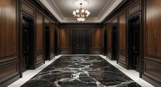 Spacious hallway with dark hardwood wall panels framed in black and polished black white marble floors under decorative chandelier lighting
