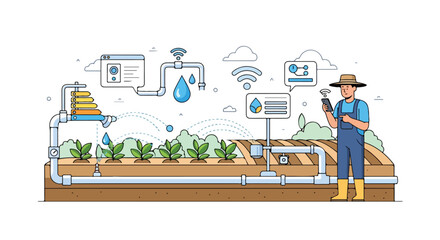 Naklejka premium Smart agriculture vector illustration of a farmer using a smartphone to control an automated irrigation system featuring water pipes, Wi-Fi sensors, and data dashboards.