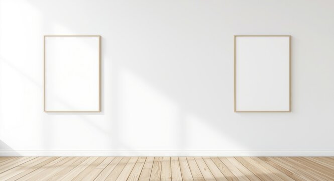 White wall backdrop showcasing print presentation frames in landscape and portrait with copy space
