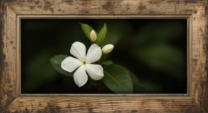 Vintage garden flower portrait of Arabian Jasmine with a textured wooden frame