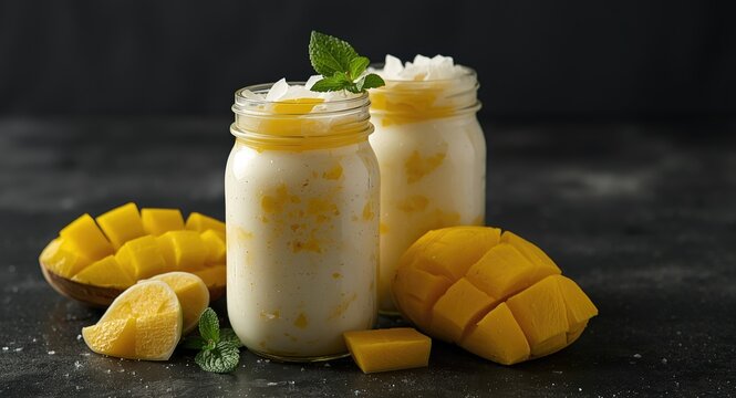 Smooth and creamy mango sago with coconut milk and fresh mango slices served cold in a jar with copy space