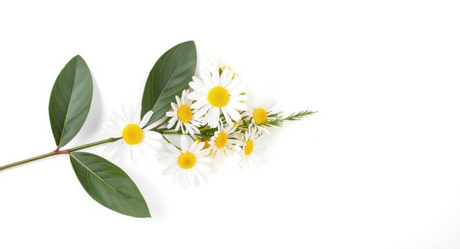 White background highlighting a green leafy branch with false daisy powder accents