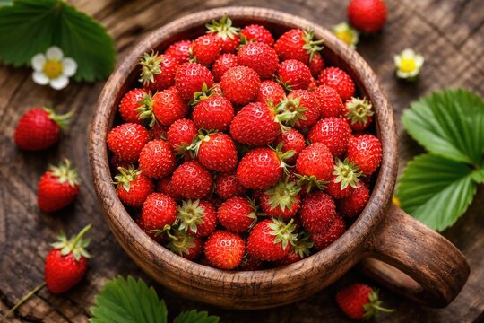 Top view of vibrant wild strawberries heaped in a rustic wooden cup
