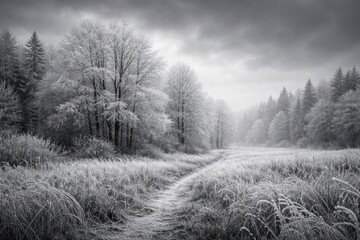 Obraz premium Monochrome landscape with frosty trees and grass under overcast sky