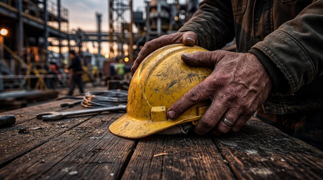 Industrial construction worker holding a dirty yellow hard hat on a weathered wooden workbench at a busy manufacturing plant site during the golden hour sunset
