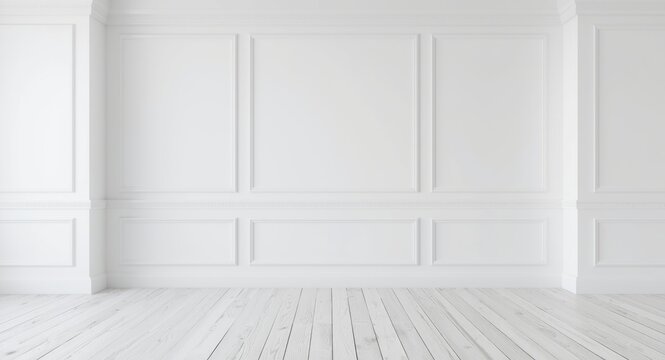 Spacious room interior with white wooden floor baseboards and plastered walls finishing