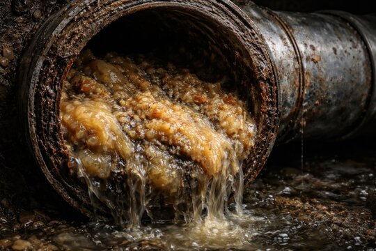 Clogged pipeline due to thick buildup of fats oils and grease causing drainage blockage