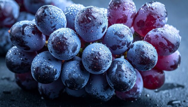 Close-up of fresh, dewy purple grapes on a dark slate surface, showcasing their vibrant color and plump texture for a healthy snack