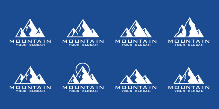 Set of minimalist mountain logo templates with white peaks on a blue background.