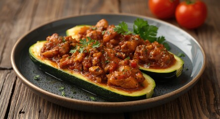 Fototapeta premium Zucchini stuffed with a tangy savory meat filling