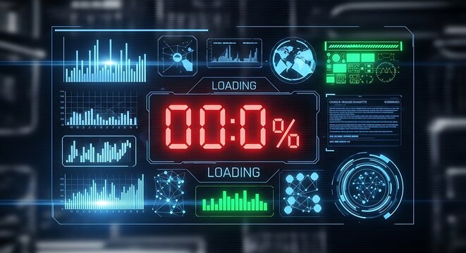 Futuristic Technology Interface with Loading Screen and Data Visualization.