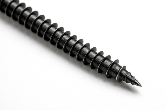 Diagonal close-up of a black metal screw with selvage edge on plain white background featuring copy space