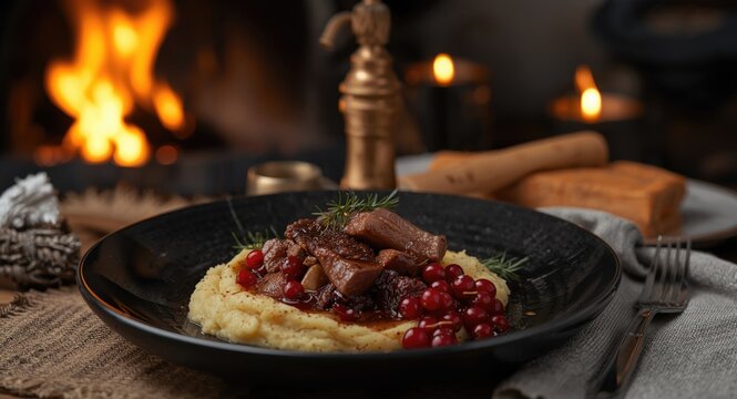 Traditional Finnish dish featuring saut&Atilde;&copy;ed reindeer with mashed potatoes and lingonberries in a rustic hut beside an open fire