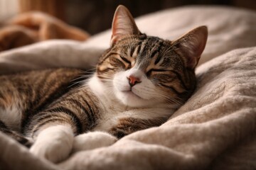 Naklejka premium A peaceful domestic shorthaired cat resting comfortably on a cozy bed in close up